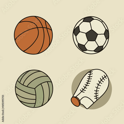 Sports basket, soccer, volley and baseball
