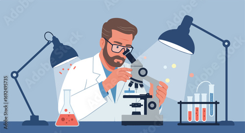Scientist using microscope in lab with beakers and test tubes