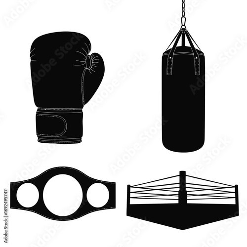 Boxing sport elements silhouette set boxing glove punching bag championship belt ring silhouette vector illustration white background