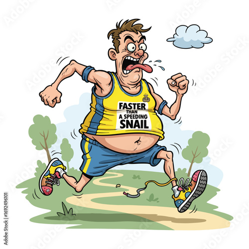 Cartoon illustration of a man running with an exaggerated expression, wearing a "Faster Than A Speeding Snail" shirt on a grassy path.