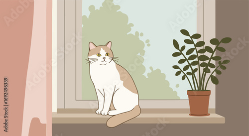 Indoor scene cat and plant on window