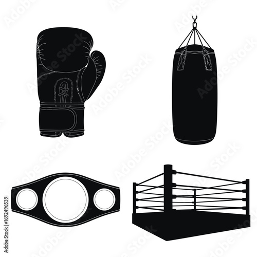 Boxing icons silhouette boxing glove punching bag championship belt ring set silhouette vector illustration white background