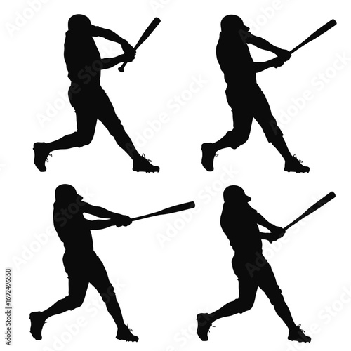 Dynamic silhouette of baseball batter four poses action swing sport athleticism silhouette vector illustration white background