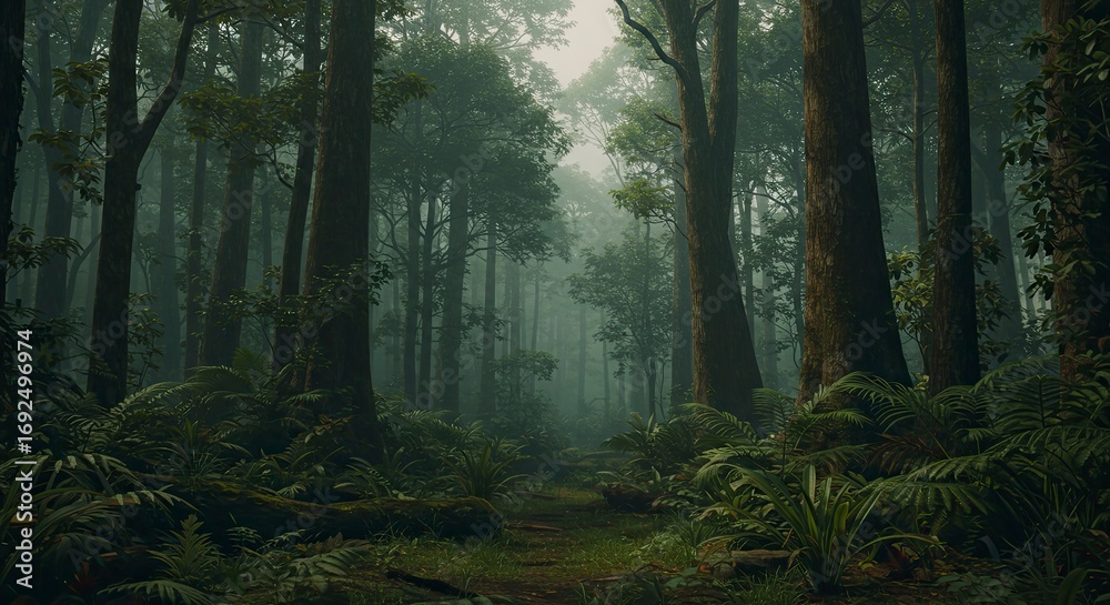 Fototapeta premium Enigmatic Fog-Shrouded Path: Deep within a Lush, Mysterious Rainforest