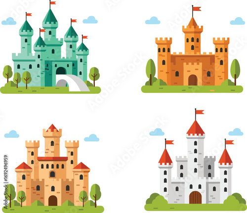 Flat Design Medieval Castles Vector Set, Colorful Fantasy Fortress Icons, Fairytale Architecture Illustration Isolated on White Background for Game, Storybook or Kids Content