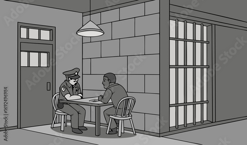 A small, dimly lit interrogation room with a metal table, two chairs, and a flickering tube light, a uniformed officer questioning a prisoner. The walls are grey concrete with a one-way glass window, 