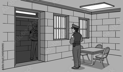 A small, dimly lit interrogation room with a metal table, two chairs, and a flickering tube light, a uniformed officer questioning a prisoner. The walls are grey concrete with a one-way glass window, 