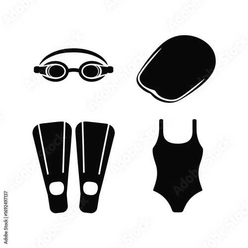 Minimalist black silhouette icons of swimming gear for aquatic activities silhouette vector illustration white background