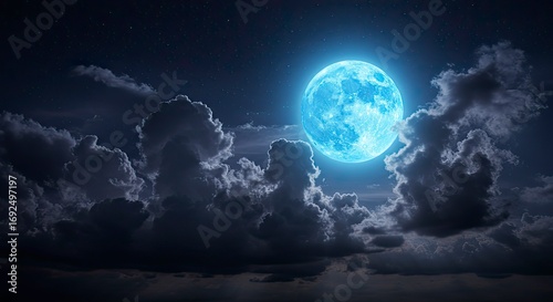 Ethereal Blue Moon Rising Through Storm Clouds: Night Sky Majesty