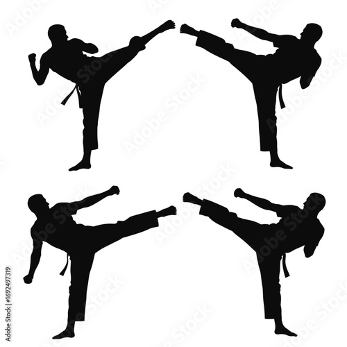 Dynamic martial artist silhouettes four powerful kicking poses isolated on white silhouette vector illustration white background