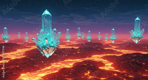 Ethereal Crystals Hovering Above a Fiery Lava Landscape Under a Starry Night Sky