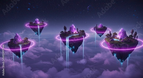 Ethereal Floating Islands with Neon Rings and Waterfalls in a Starry Sky