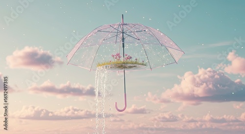 Ethereal Floating Umbrella: A Miniature Garden Under a Transparent Canopy, Cascading Water, Pastel Sky