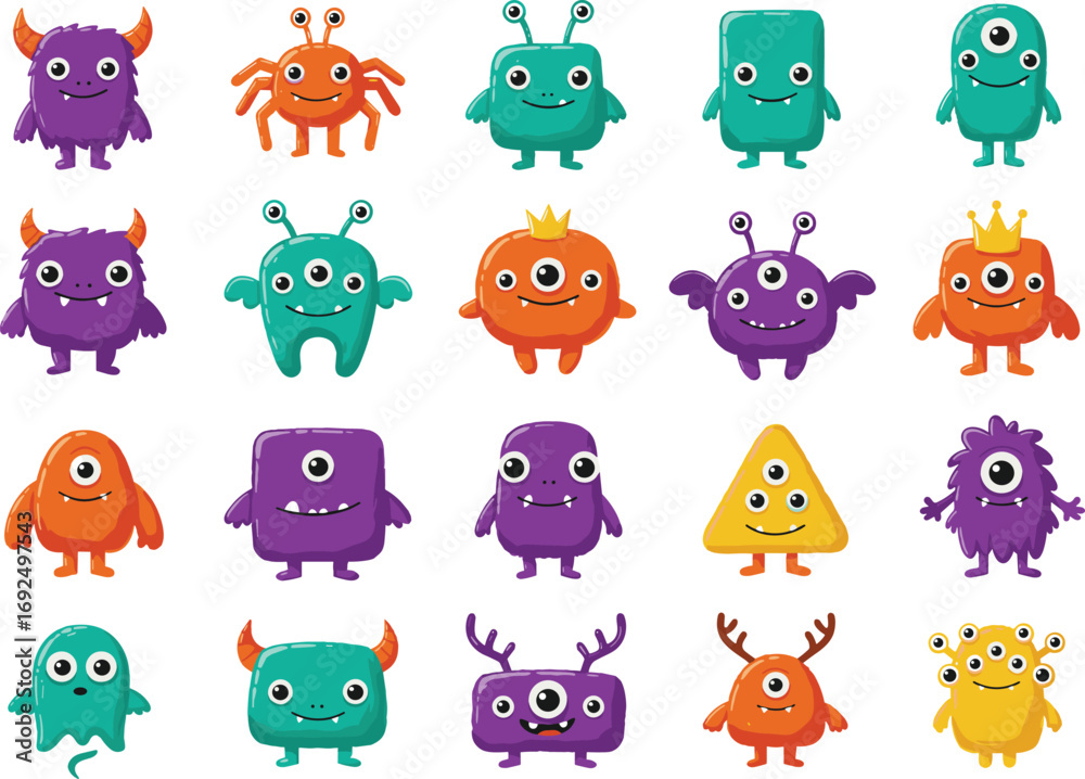 Naklejka premium Cute Colorful Cartoon Monsters Collection, Funny Alien Creatures Vector Set, Adorable Fantasy Characters for Kids, Isolated on White Background, Illustration Pack