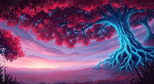 Ethereal Glow: Crimson Trees and Bio-Luminescent Roots at Dusk