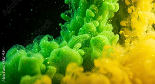 Ethereal Green and Yellow Ink Cloud with Glittering Particles on Black Background