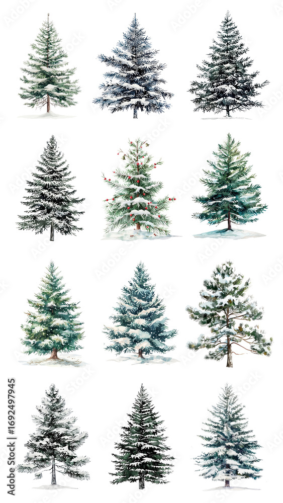 Obraz premium PNG watercolor Christmas tree design element set, transparent background