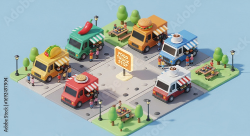 Isometric food truck stop with taco burger coffee and pizza trucks for mobile game asset design concept