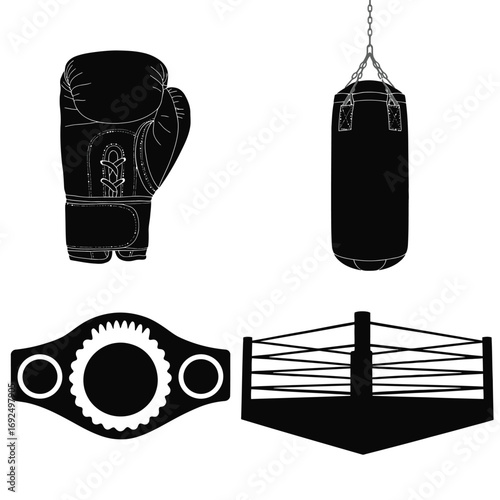 Boxing elements collection minimalist silhouettes featuring gloves punching bag ring and championship belt silhouette vector illustration white background