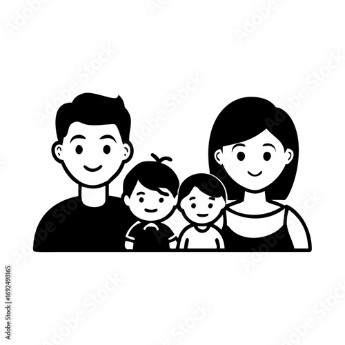 Vector art of happy family with two children, portraying love, care, and family values in a minimalist black and white style