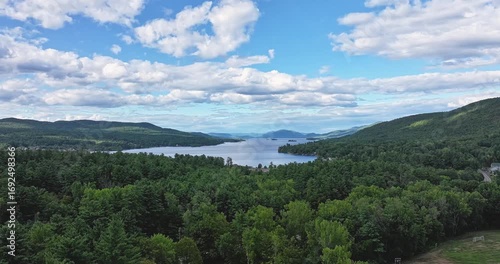 Lake George, New York, USA - August 26, 2025: Afternoon hyperlapse aerial summer video of the area surrounding the Lake George, NY,