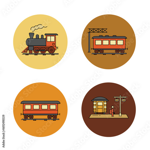 Train Icons Steam engine, cars, platform with passenger