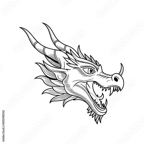 Detailed black line art of a fierce dragon head with sharp teeth and horns silhouette vector illustration white background