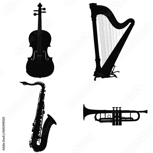 Silhouette collection of classical and jazz musical instruments for design silhouette vector illustration white background