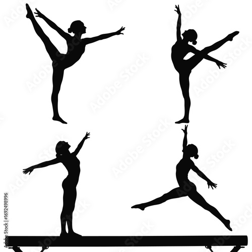 Dynamic silhouettes of gymnasts performing graceful routines on a balance beam silhouette vector illustration white background