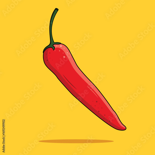 Fresh Red Chilli Pepper Isolated On Yellow Background, Vector Illustration