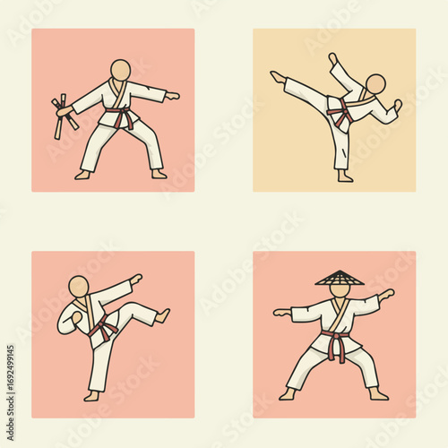 Martial Arts Figures practicing karate, kicking, with weapon