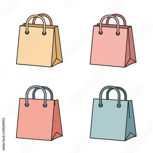Shopping Bags Four outlined shopping bags in assorted pastel shades