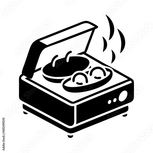 Illustration of a electric food warmer with steam, ideal for buffet service and keeping food warm