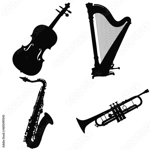 Diverse musical instruments silhouette collection featuring violin harp saxophone trumpet silhouette vector illustration white background