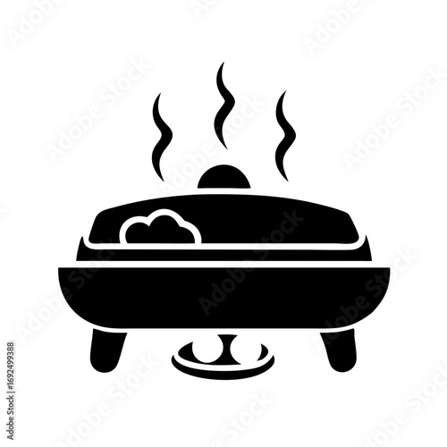 Illustration of a chafing dish with steam, suitable for buffet and catering services to keep food warm