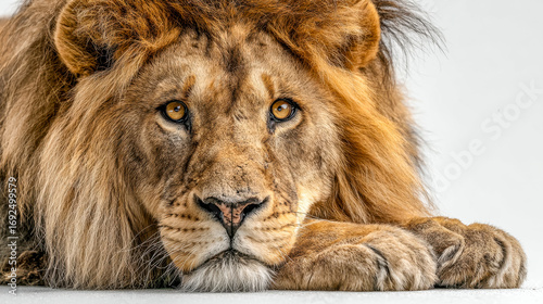 Majestic lion resting with a calm gaze and powerful presence