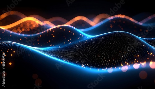 A mesmerizing digital artwork showcasing undulating forms composed of vibrant particles. 