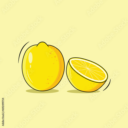 Vibrant whole and half lemon illustration, fresh citrus fruit vector.