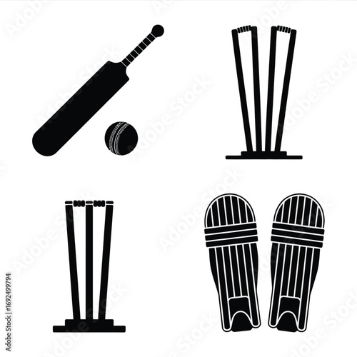 Minimalist cricket equipment silhouettes for sports design and branding needs silhouette vector illustration white background