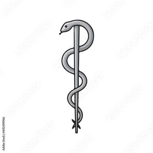 Silver Caduceus symbol featuring a snake coiled around a staff, isolated on a white background.
