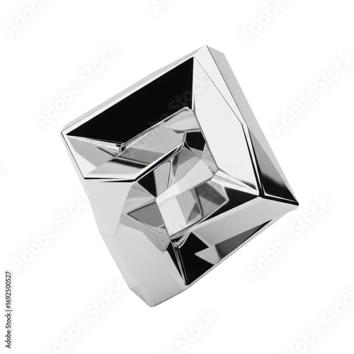 Interlocked silver abstract geometric sculpture, sharp edges, reflective, on a white studio background, concept of modern elegance and precise engineering