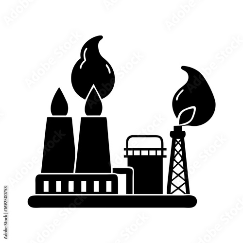 Illustration of oil refinery plant with flames coming out of chimneys