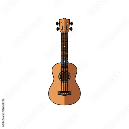 Isolated illustration of a ukulele, showcasing its wooden body, strings, and tuning pegs.