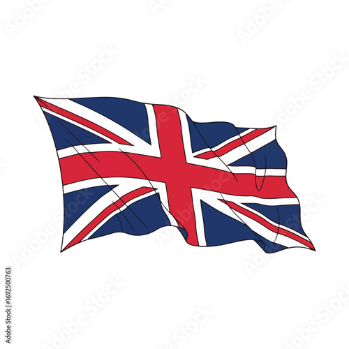 A waving Union Jack flag, the national flag of the United Kingdom, depicted with red, white, and blue colors on a white background.