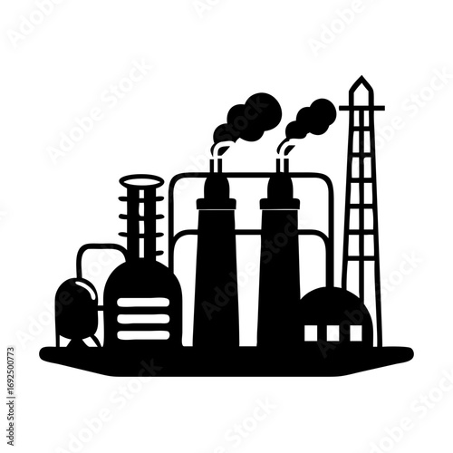 Illustration of oil refinery plant with smoke coming out of chimneys