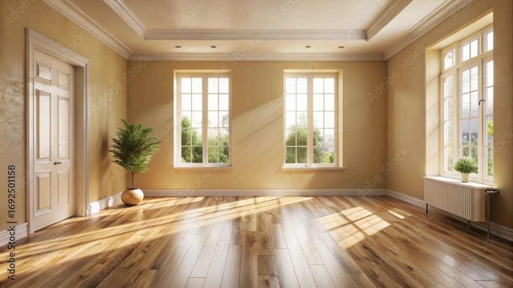 Fototapeta premium Sunlit Empty Room with Hardwood Floors and Large Windows, Perfect for Interior Design Inspiration