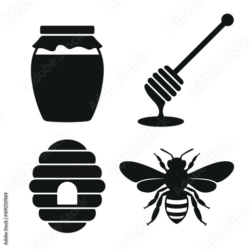 Simple silhouette icons of honey jar beehive bee and honey dipper for food and nature themes silhouette vector illustration white background
