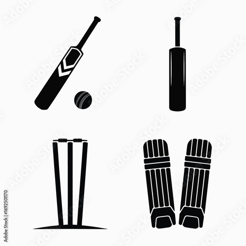 Cricket gear icons set featuring bat ball wicket and pads for sports design silhouette vector illustration white background