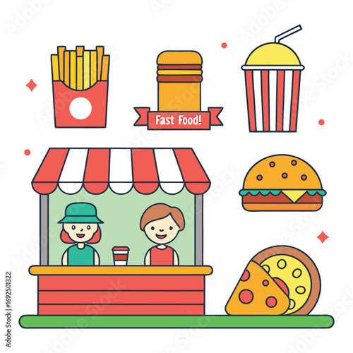 Collection of popular fast food items and a vendor stall with happy customers graphic