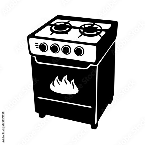 Vector art of black and white illustration of a stove, a common kitchen appliance for cooking and baking food at home